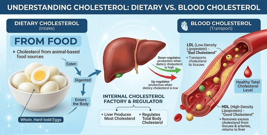 A medical nutrition infographic illustrating the difference between dietary cholesterol from food (eggs) and blood cholesterol, showing how the liver regulates production with LDL and HDL in the bloodstream.