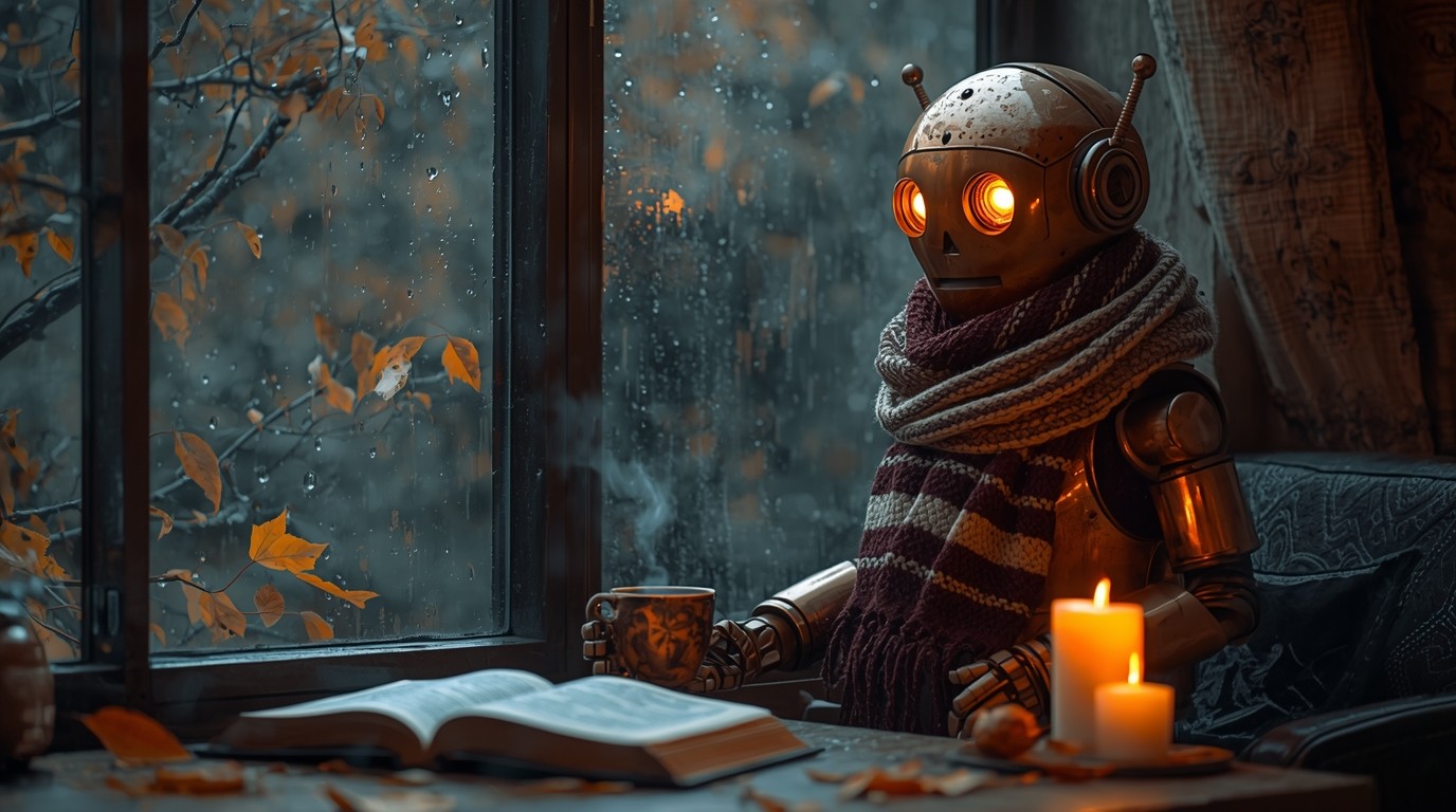 Robot drink coffee in winter