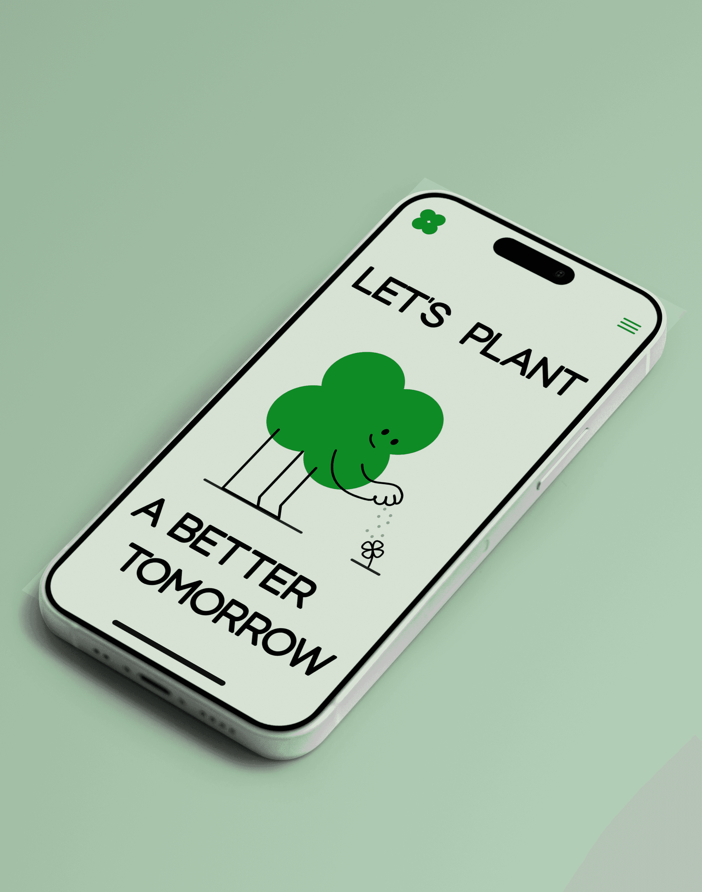 A smartphone displaying an eco-friendly app interface features a green cartoon tree and sprouting seedling, accompanied by the text "Let's Plant a Better Tomorrow" on a light green background.