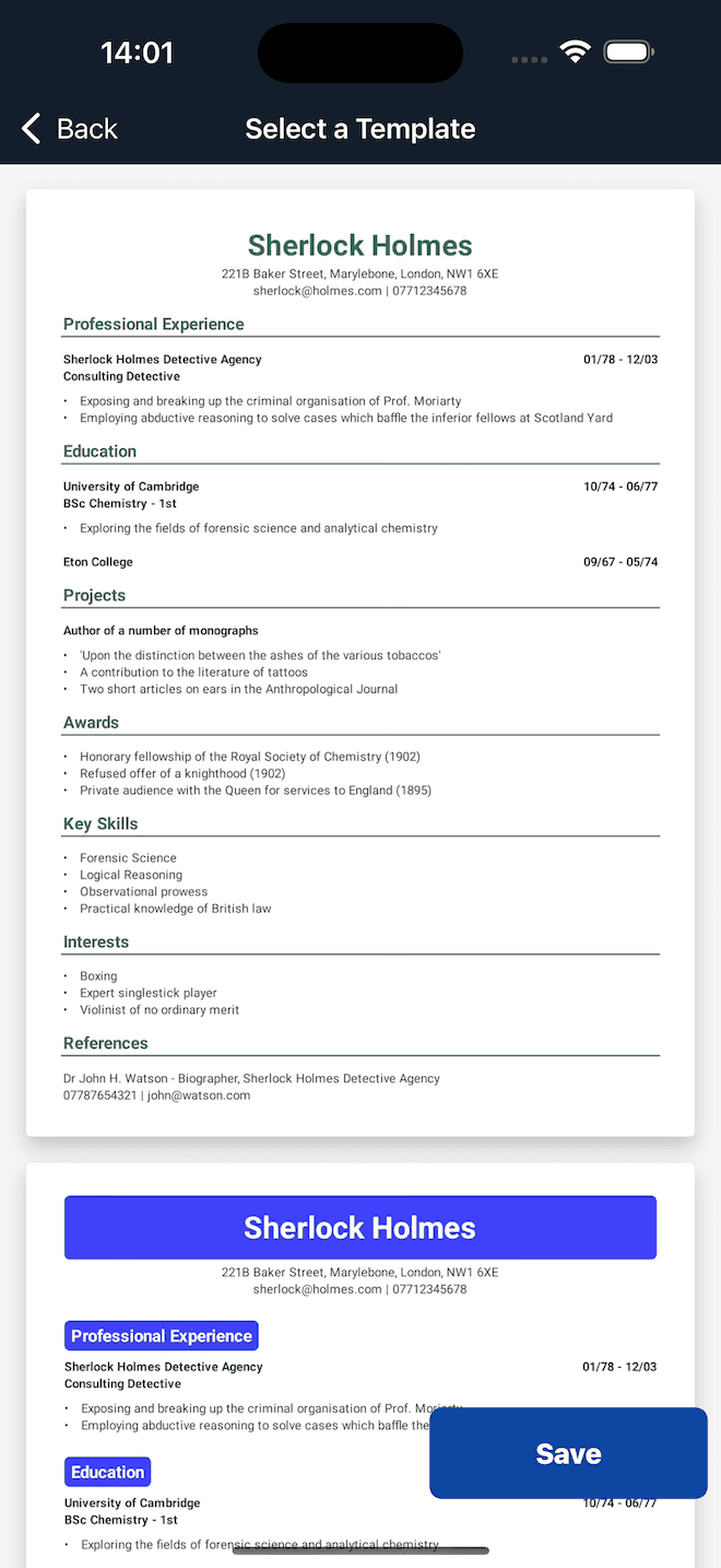 Select a Resume template screen showing example resume templates