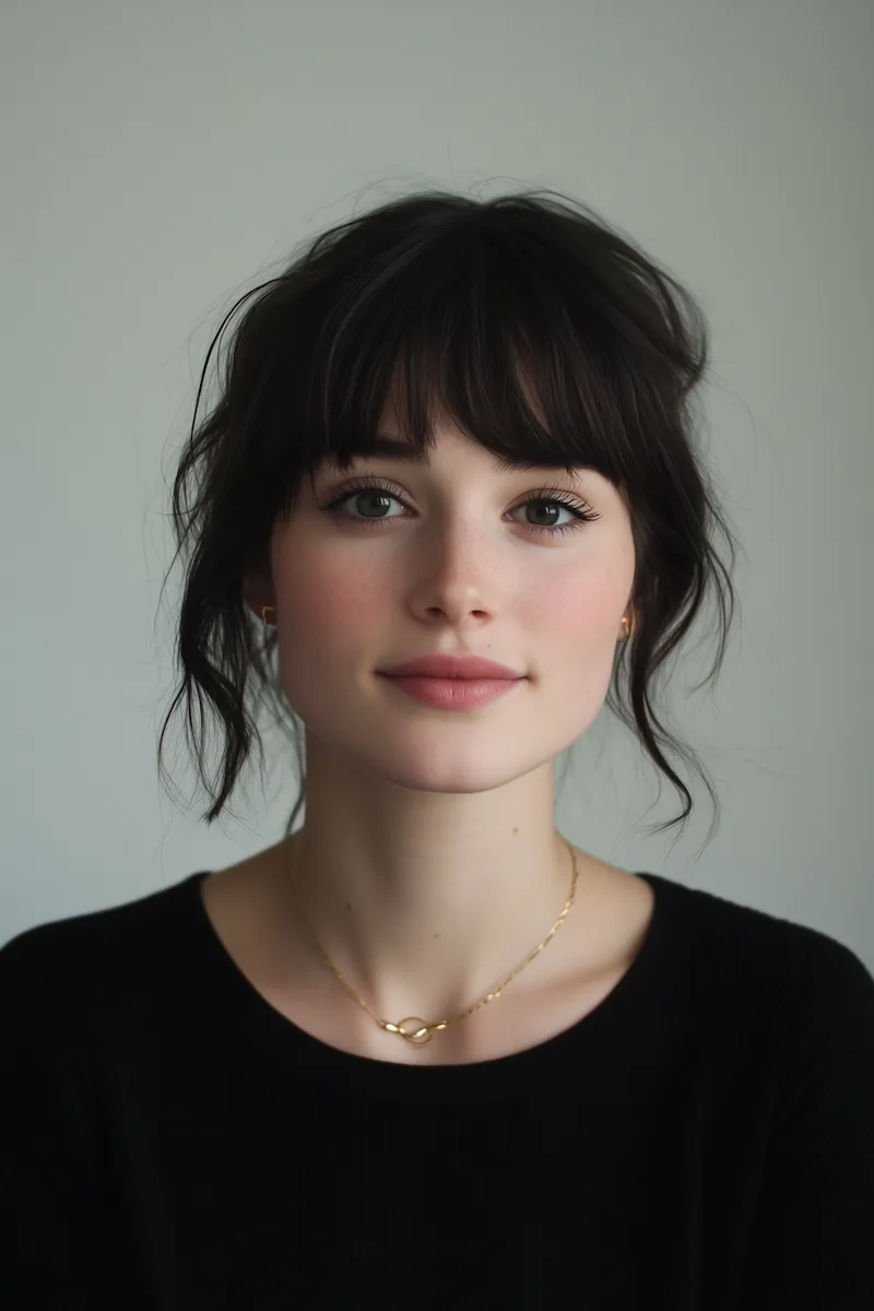 Portrait of a young woman with dark hair and green eyes, wearing a black top and gold necklace, set against a neutral background.