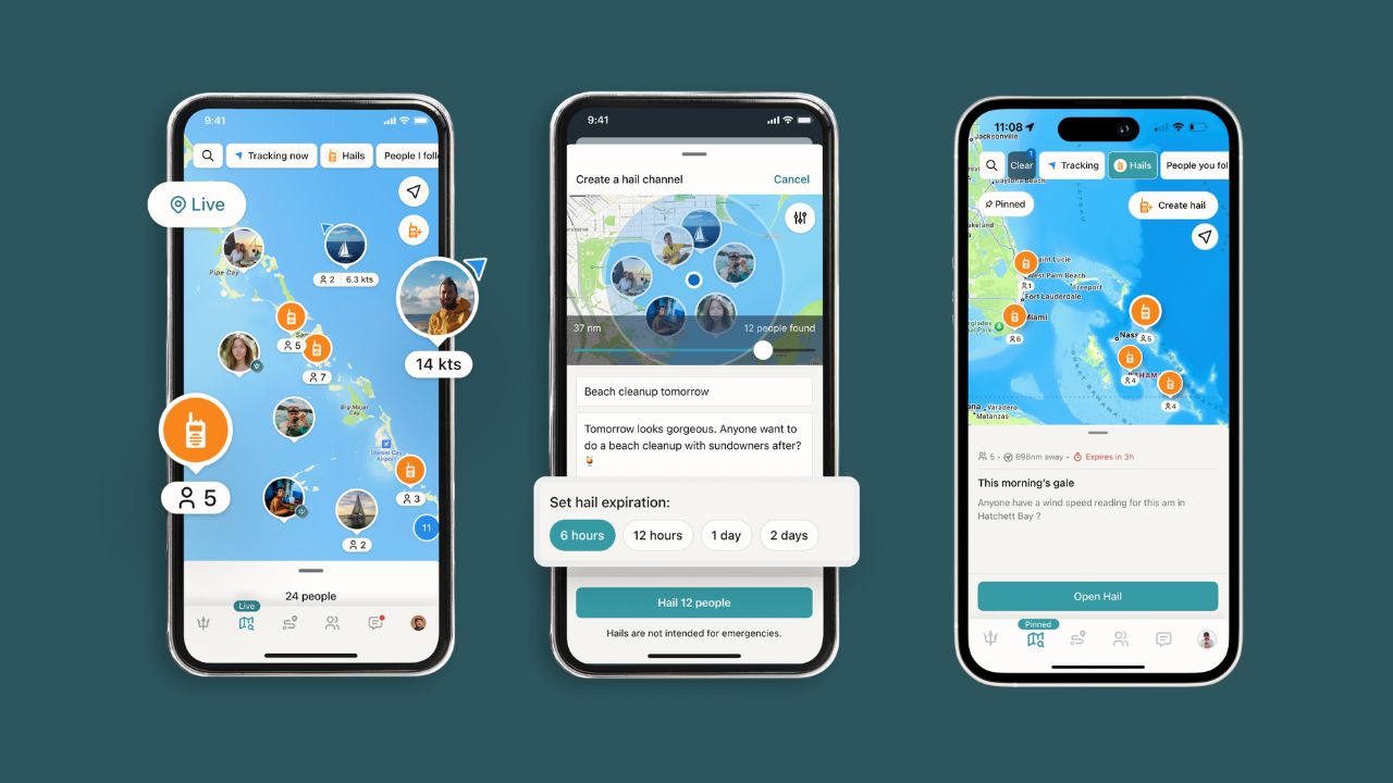 Three phone screens showing SeaPeople Hails, including map-based conversations, hail creation, and hail expiration settings