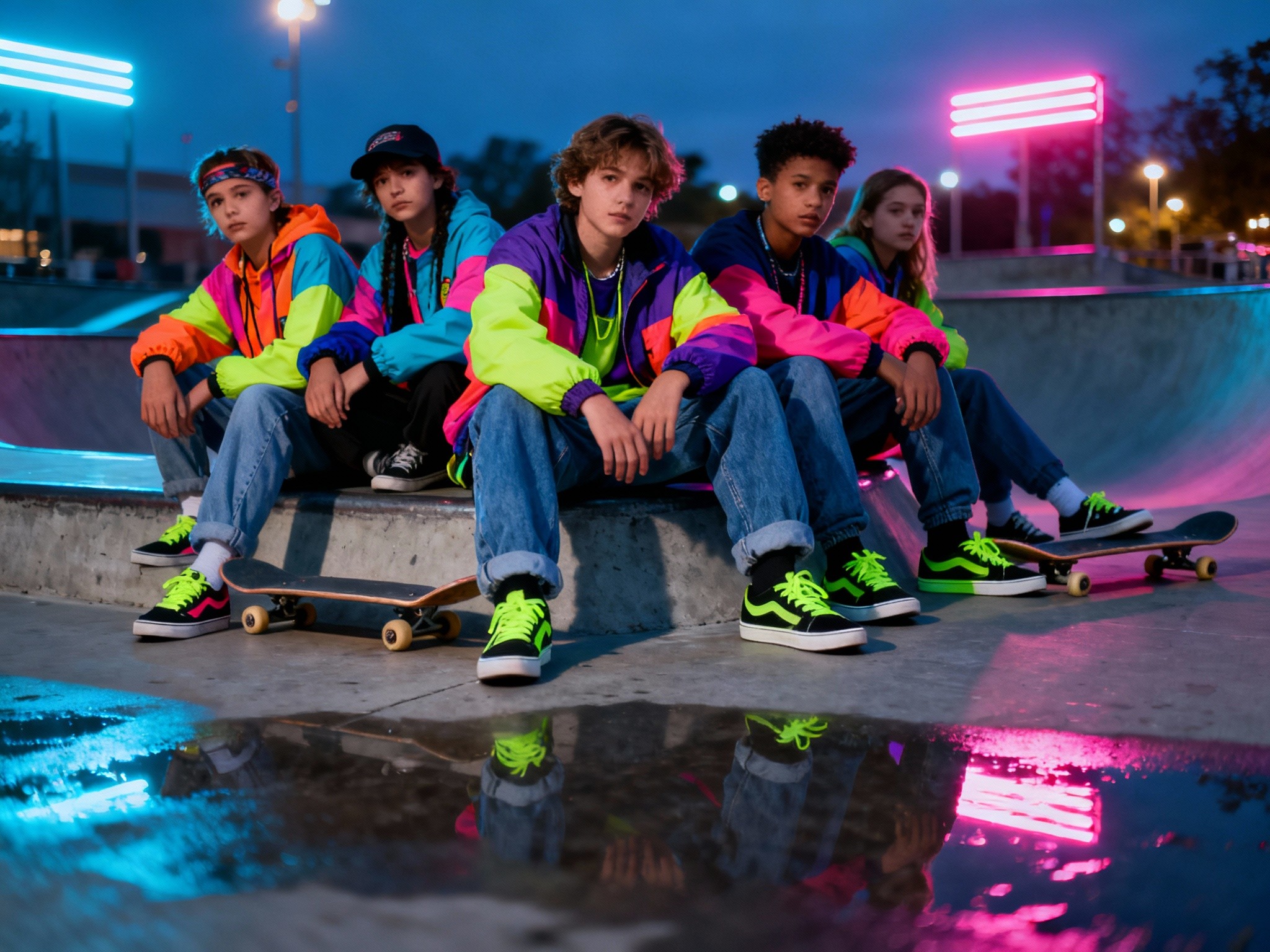 A photograph of a group of teenagers wearing colorful 90s casual streetwear, sitting on a skatepark