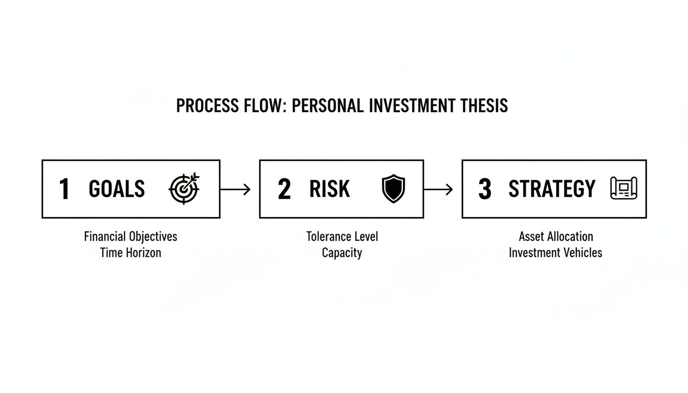 A process flow diagram illustrating the steps of a personal investment thesis: Goals, Risk, and Strategy.