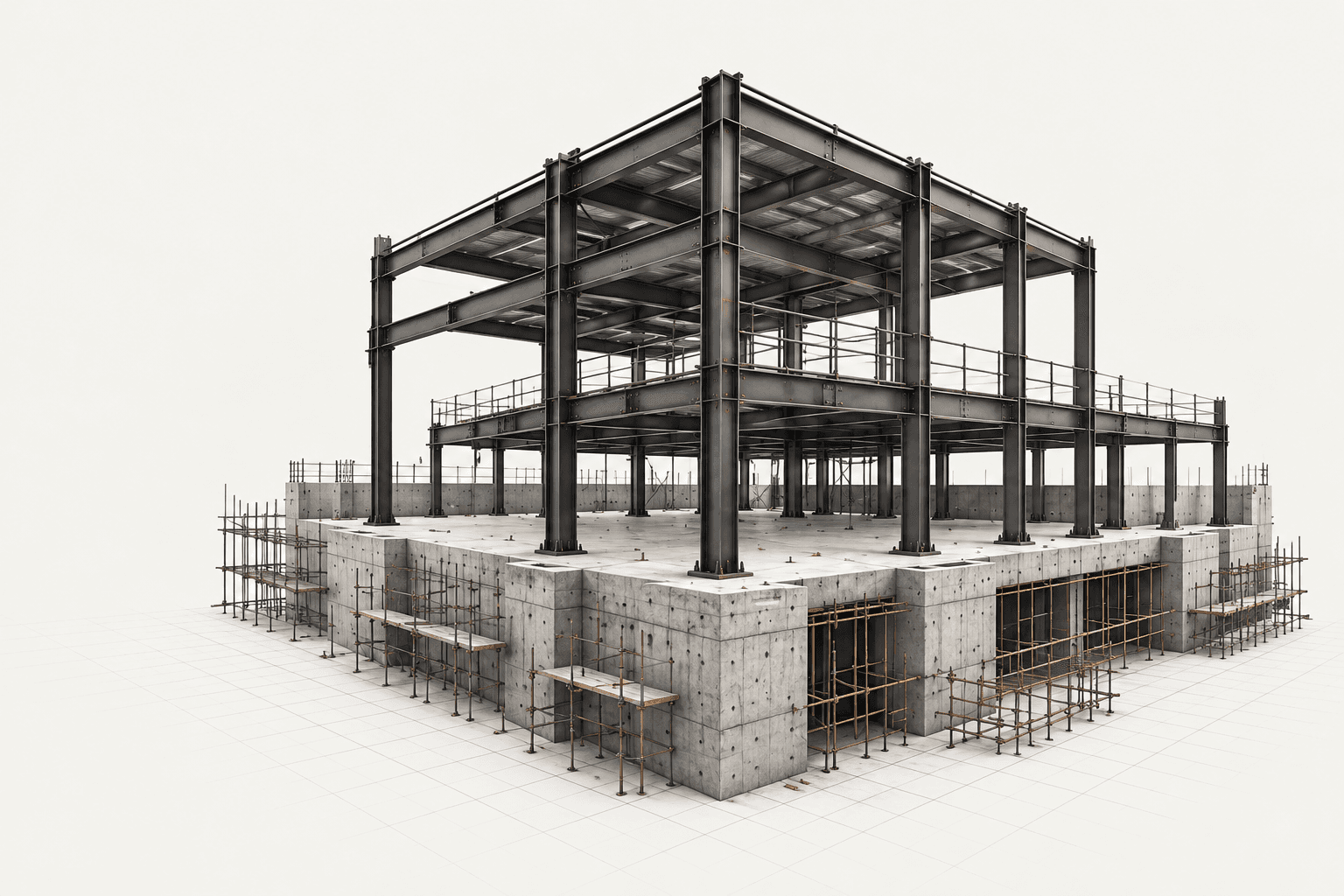 Standalone dimensional steel, slabs and exposed concrete foundation study
