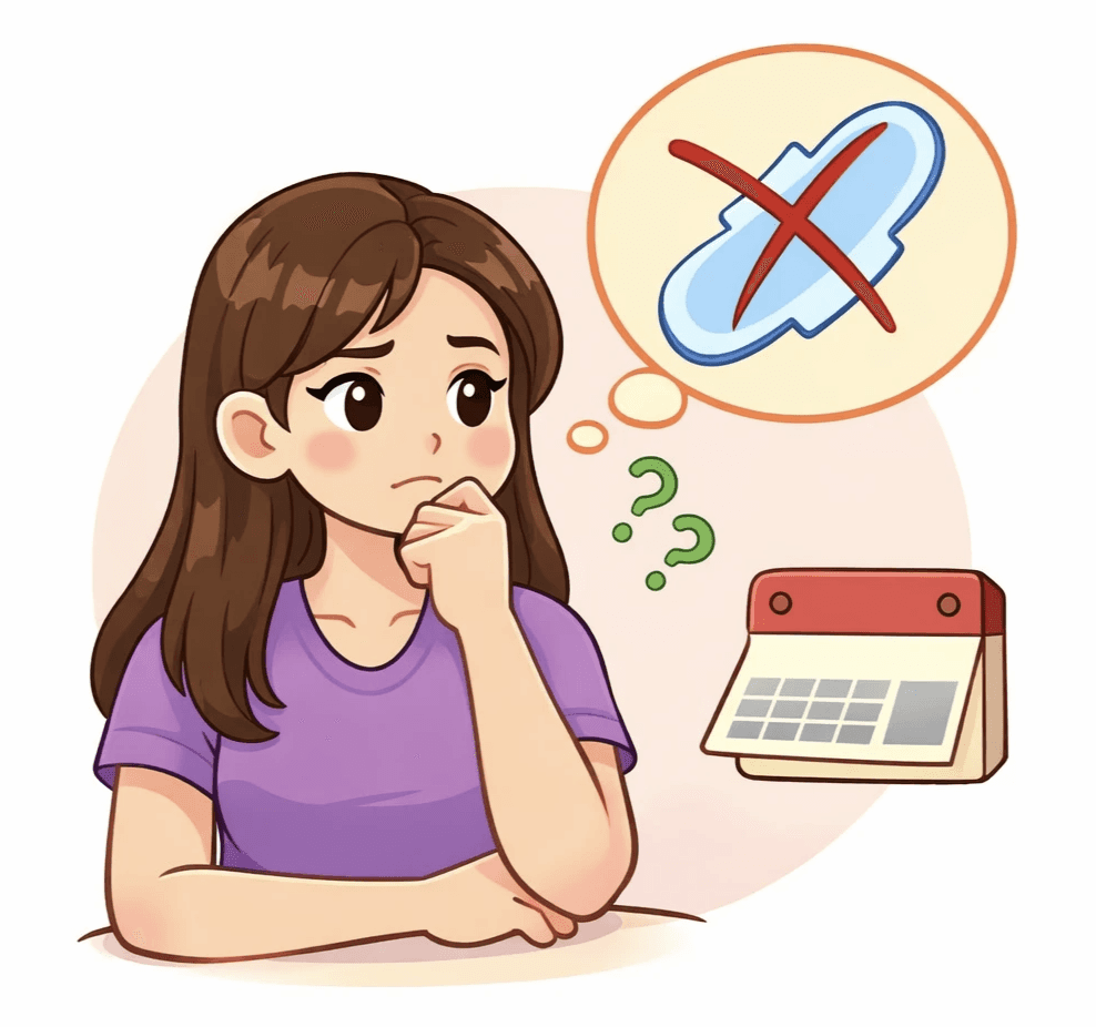 ภาพประกอบผู้หญิงกำลังกังวลเรื่องประจำเดือนมาไม่ปกติ มีสัญลักษณ์ผ้าอนามัยถูกกากบาทและปฏิทิน แสดงถึงภาวะประจำเดือนขาดหรือรอบเดือนผิดปกติ