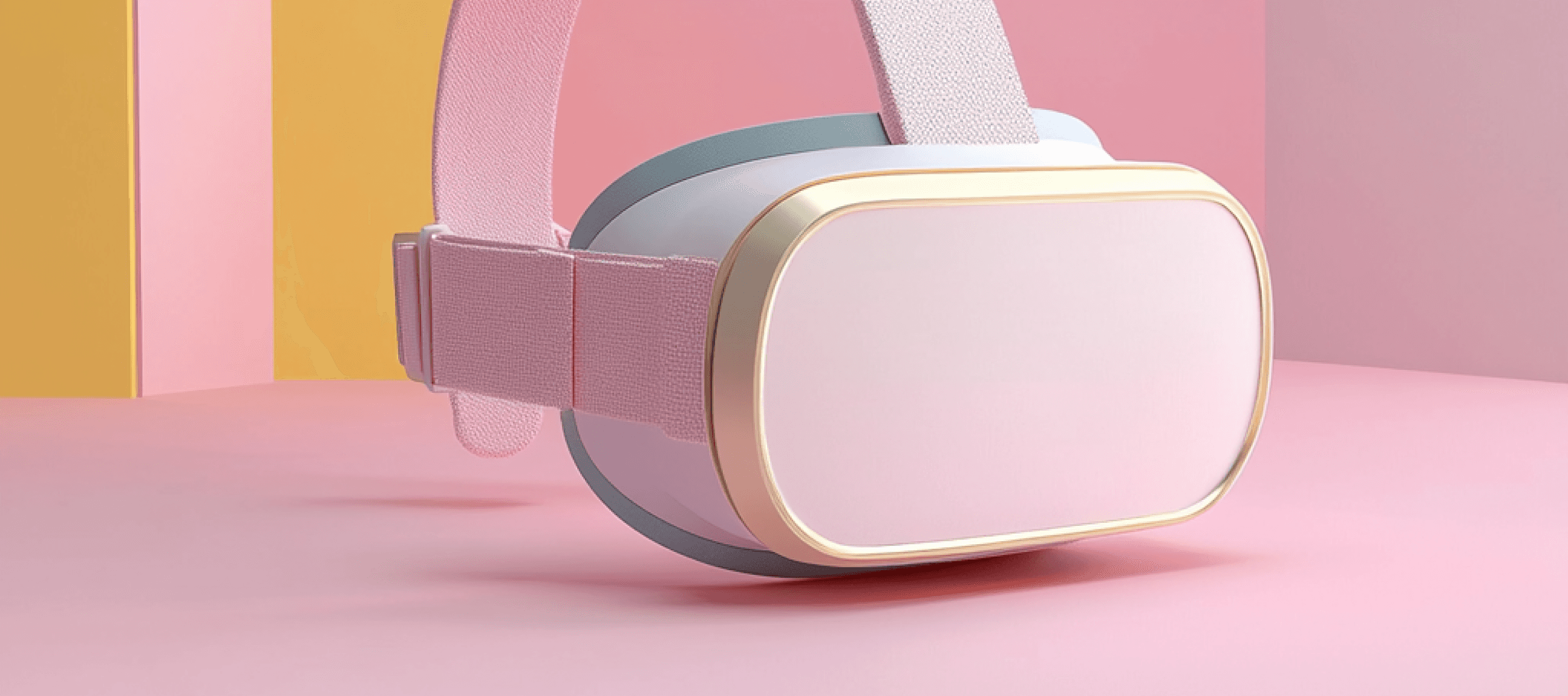 Close-up view of a sleek virtual reality headset in pastel pink and gold tones, set against a minimalist pink and yellow background. This modern VR device symbolizes the innovative design and advanced technology driving the virtual reality industry. The ergonomic straps and futuristic look highlight the balance between aesthetics and functionality in VR development. Ideal for immersive virtual reality experiences, this headset represents the cutting-edge hardware used by leading VR companies in their development efforts. Its elegant design appeals to modern audiences, showcasing the future of personalized virtual reality technology for gaming, education, and professional applications.showcases a stylish and modern VR headset designed with a minimalist aesthetic and pastel tones, making it stand out in the evolving market of virtual reality devices. The soft pink and gold accents, paired with a comfortable-looking fabric strap, suggest a focus on both functionality and visual appeal. The headset’s sleek and ergonomic design emphasizes comfort and accessibility, catering to a broad audience. As part of the latest innovations from the best VR companies in 2025, this headset reflects a growing trend toward combining cutting-edge technology with sophisticated design. The user-friendly design suggests compatibility with various VR applications, including gaming, virtual social experiences, and educational content. This headset’s aesthetics and practicality make it an attractive option for both new users and seasoned VR enthusiasts. By blending style with performance, the best VR companies in 2025 are creating devices that not only deliver immersive experiences but also align with personal tastes and lifestyles. This approach highlights the industry’s commitment to inclusivity and usability, ensuring that VR technology is as appealing as it is transformative. Such designs mark a pivotal shift in how virtual reality is embraced across both professional and personal spheres.