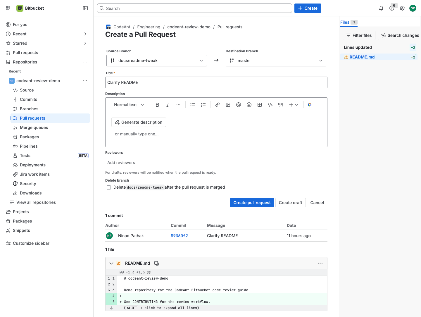 Creating a pull request: source branch on the left, destination on the right, title, description, and reviewers.