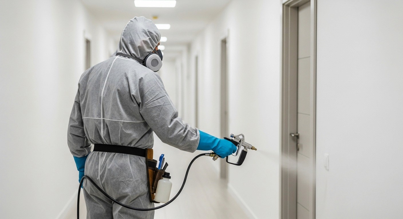 Technician in full protective gear performing insecticide spray treatment inside a facility