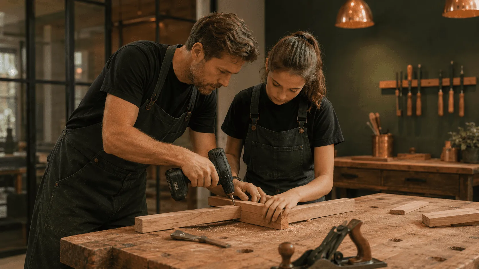 Leermeester en jongere leerling boren samen in hout aan de werkbank