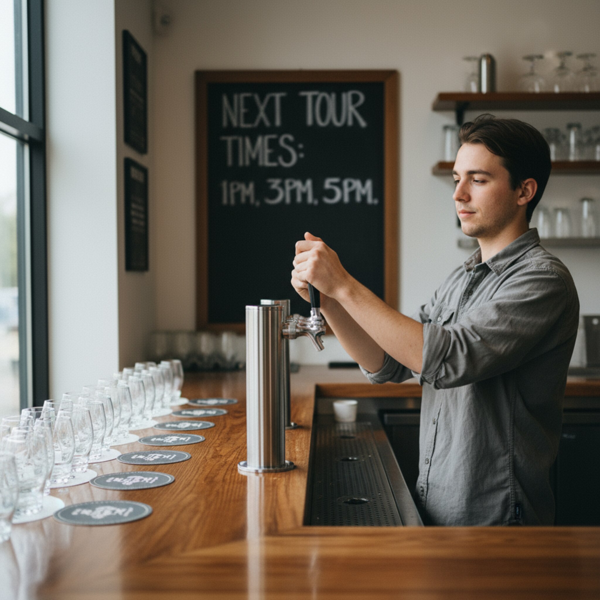 Hinter dem Tresen prüft ein Mitarbeiter Zapfhähne und richtet Tasting-Matten aus. Ein ruhiger Blick wandert über gereihte Gläser, die in der Tiefe glitzern. Auf der Tafel stehen die nächsten Tourzeiten. Die Vorbereitung wirkt präzise und fokussiert.