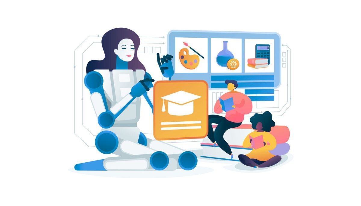 Illustration of a humanoid robot teaching alongside two students reading books, with digital icons for art, science, and math, representing AI‑powered tutoring tools.
