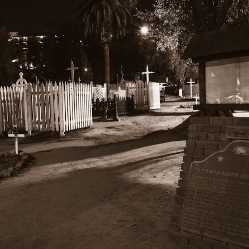 Chilling night time photo of the El Campo Santo.