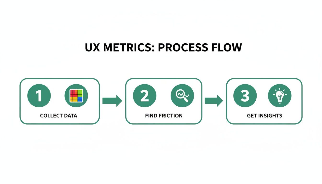 A UX metrics process flow diagram illustrating three steps: Collect Data, Find Friction, and Get Insights.