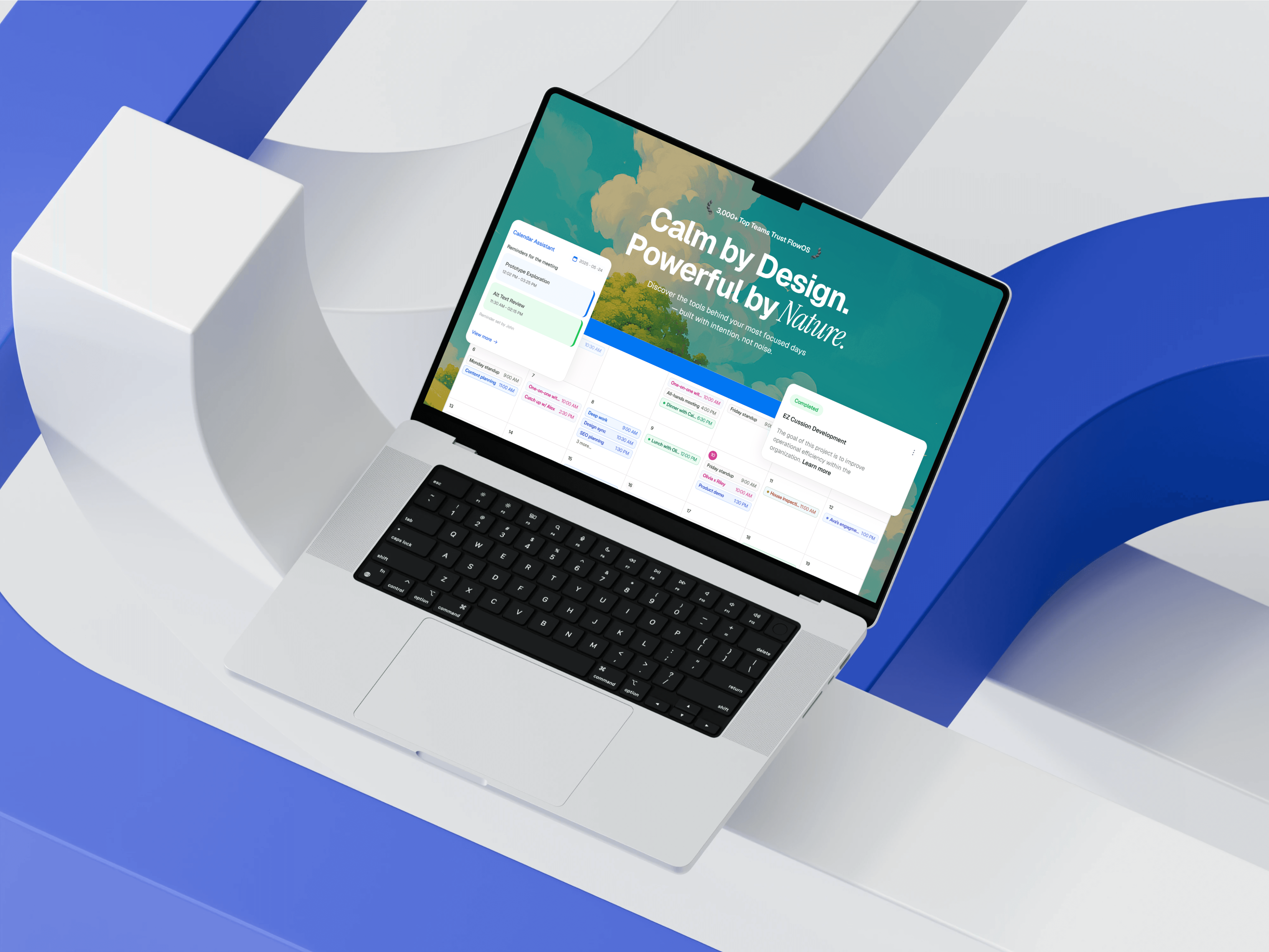 FlowOS Framer template displayed on a MacBook with a blue and white geometric background — showing a calm, colorful productivity dashboard