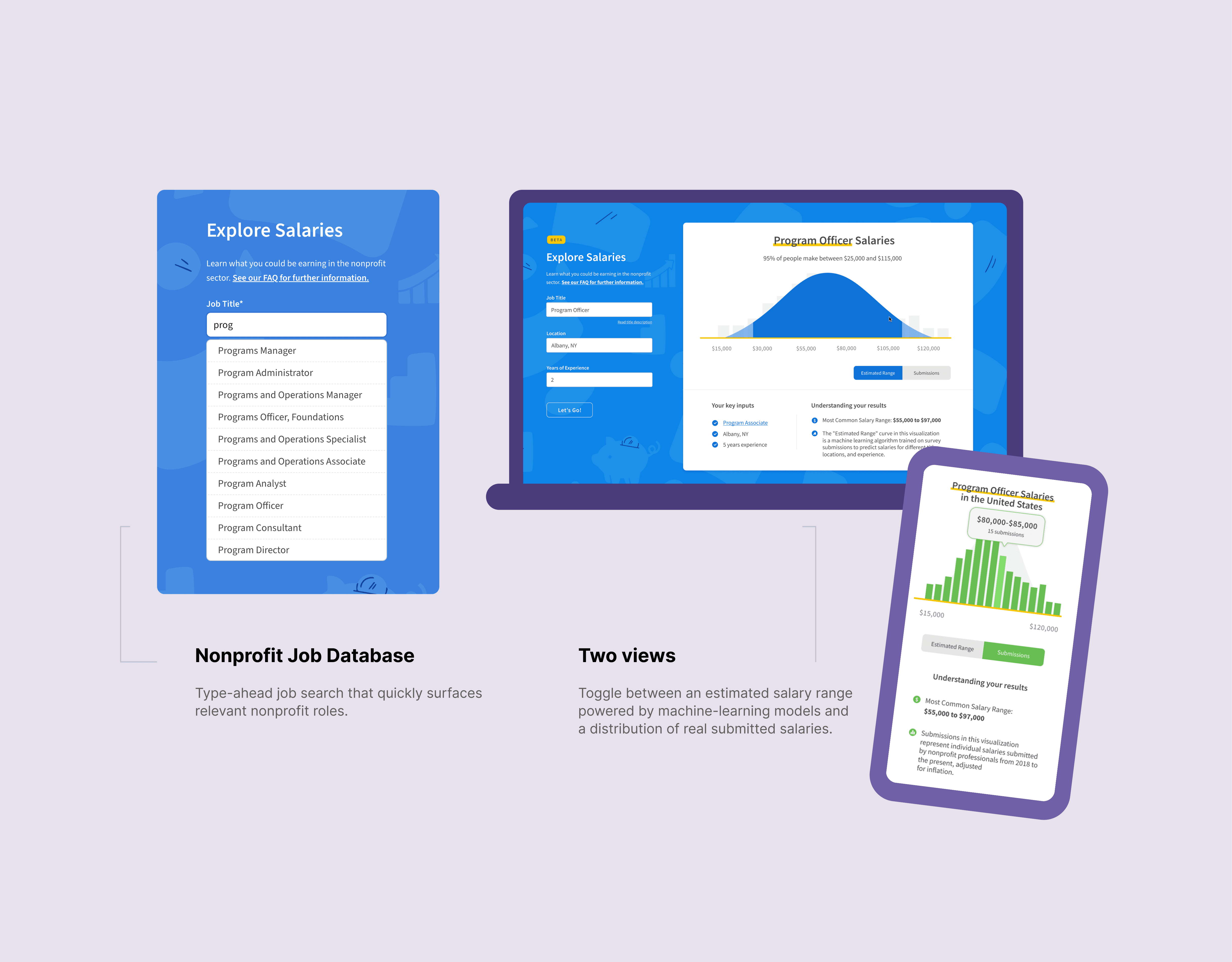 Screens showing the Salary Explorer tool with salary distribution charts and filters for job title, location, and experience.