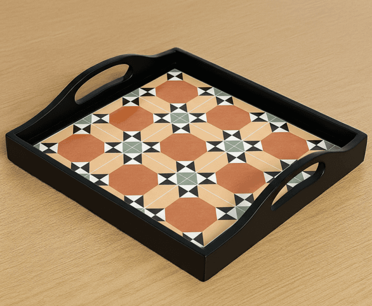 Square black wooden serving tray with modern geometric patterned base