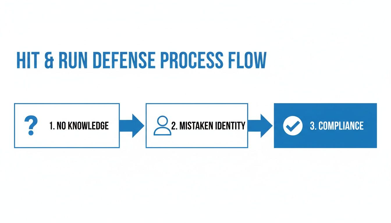 A flowchart titled 'Hit & Run Defense Process Flow' with steps: No Knowledge, Mistaken Identity, and Compliance.