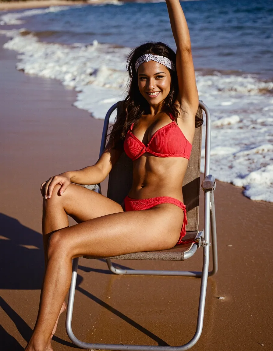 Vibrant red swimwear featured in beach editorial setting with beach chair on shoreline, waves gently rolling in the background