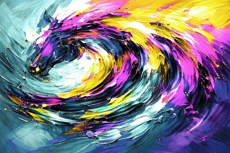 Abstract painting with swirling colors in blue, yellow, purple, black, white and pink.