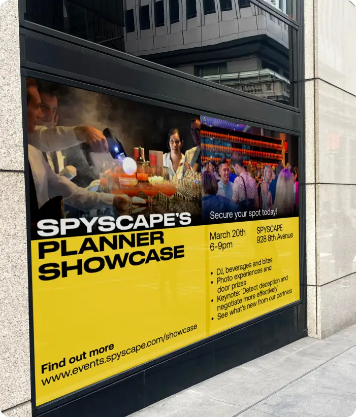 SPYSCAPE event poster on a building window promoting a planner showcase, featuring photos of cocktails and a group social setting.