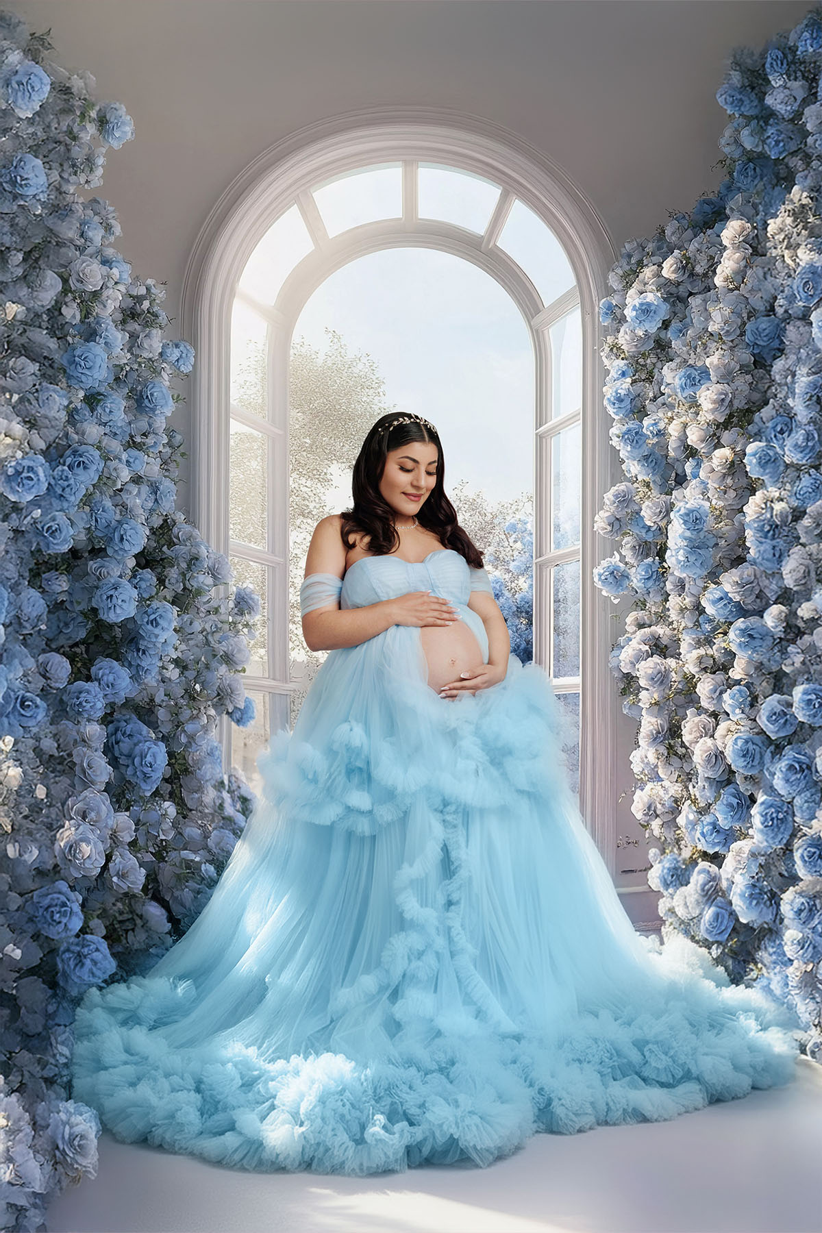 Fluffy maternity gown with long train — graceful and emotional studio photosho