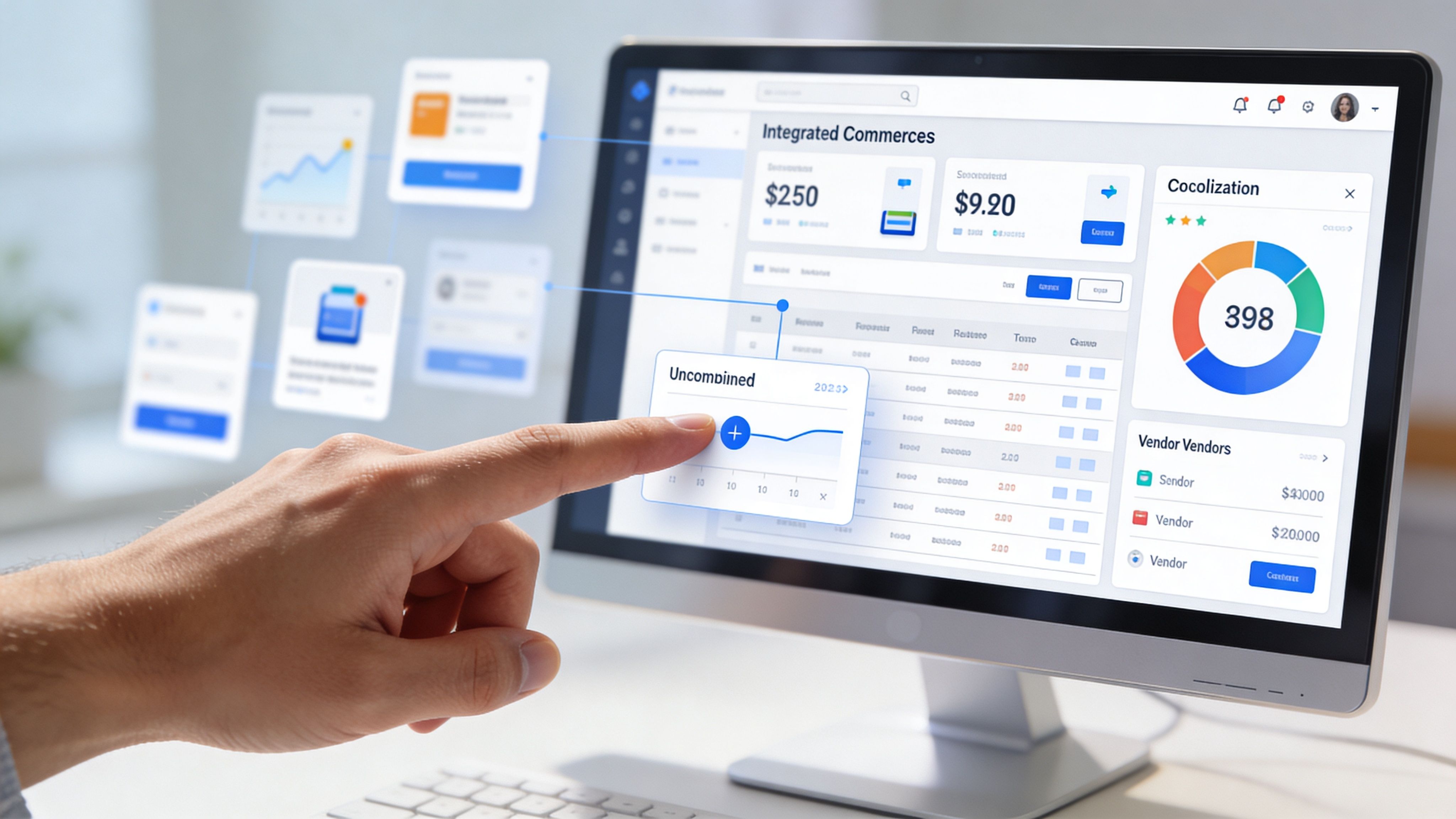 A close-up view of a person pointing at a digital dashboard for e-commerce software stack management.