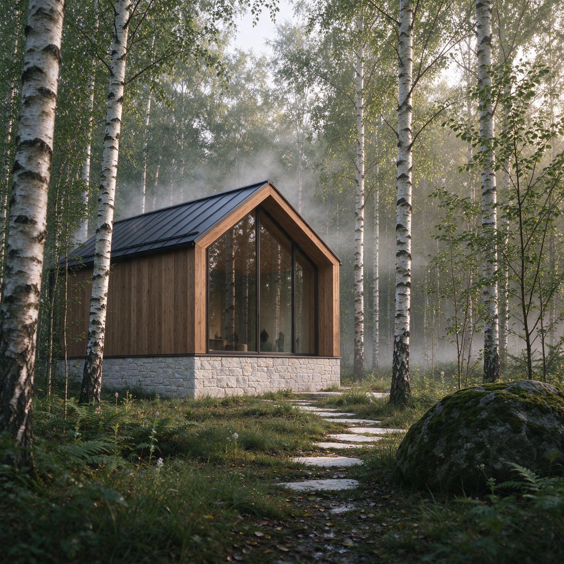 Timber studio cabin in a birch forest