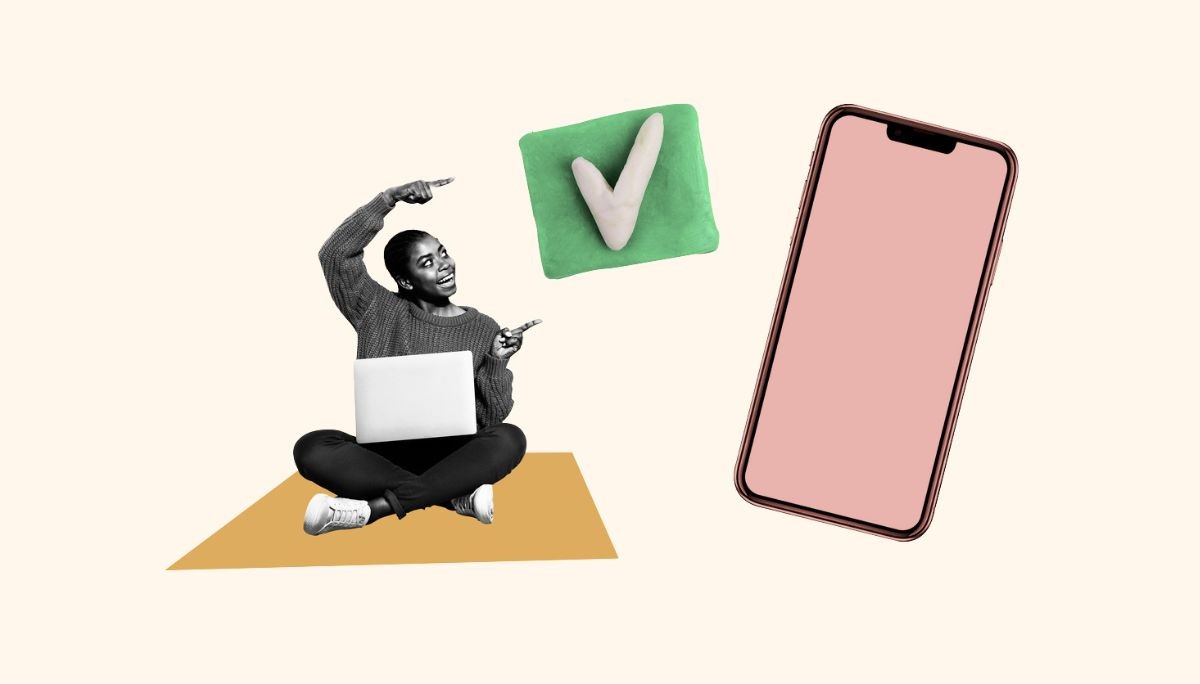 Collage illustration of a person with a laptop pointing toward a checkmark beside a large smartphone, symbolizing choosing the right app development approach.