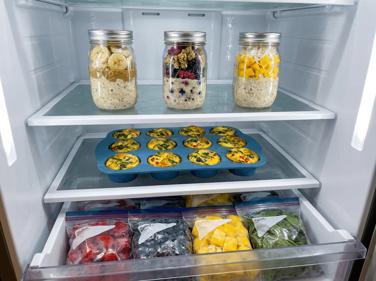 meal prep ideas for breakfast with overnight oats, egg bites, and smoothie packs in fridge
