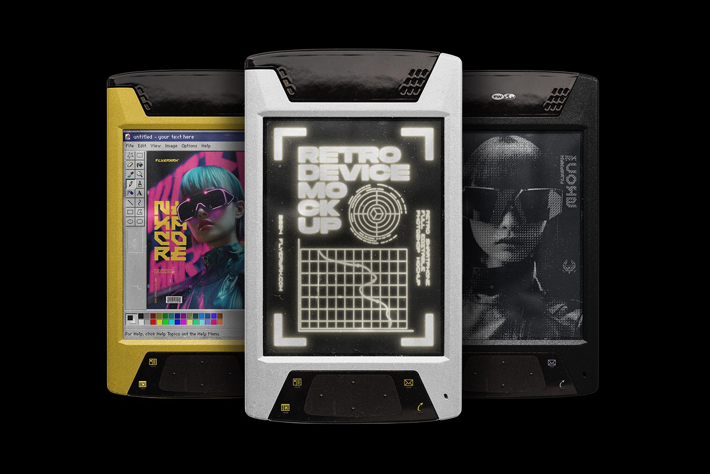 Retro smart device mockup showing early 2000s PDA phone with screen design preview