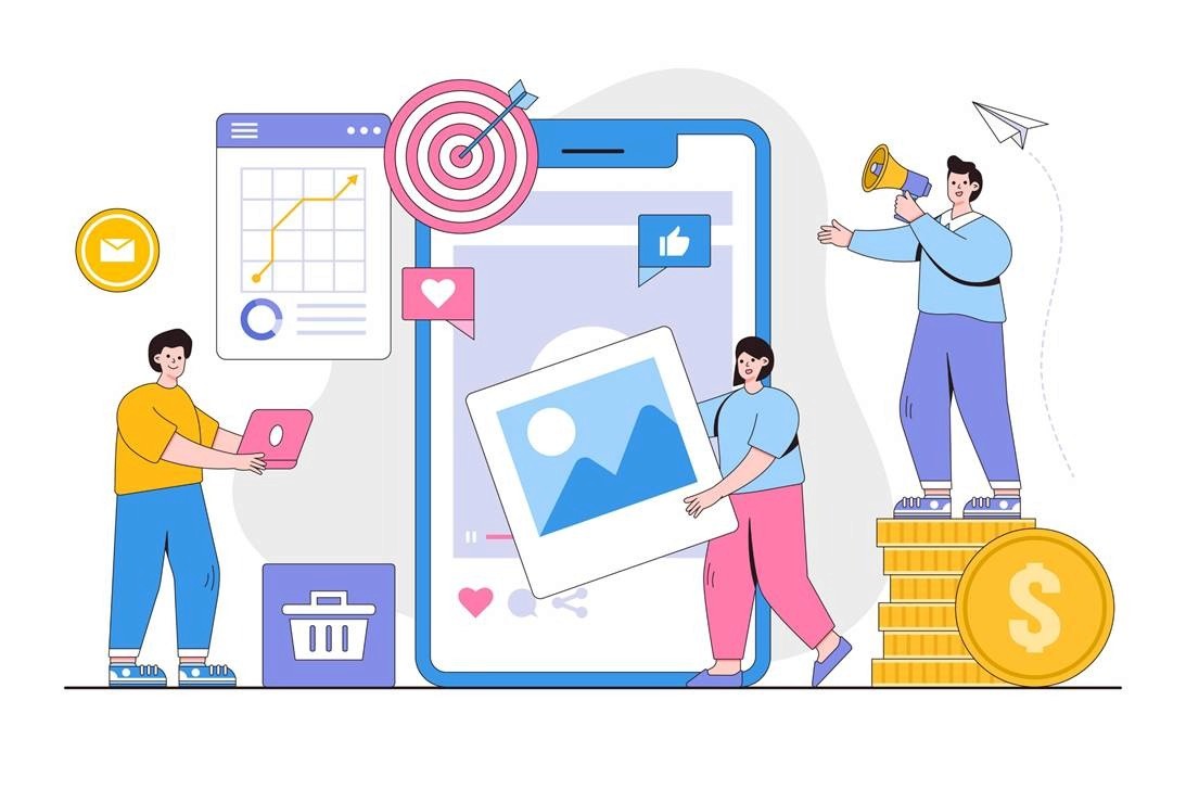 Illustration of three people engaged in social media marketing activities around a large smartphone displaying a photo post, with icons representing analytics charts, a target with an arrow, likes, hearts, a shopping cart, and a stack of gold coins