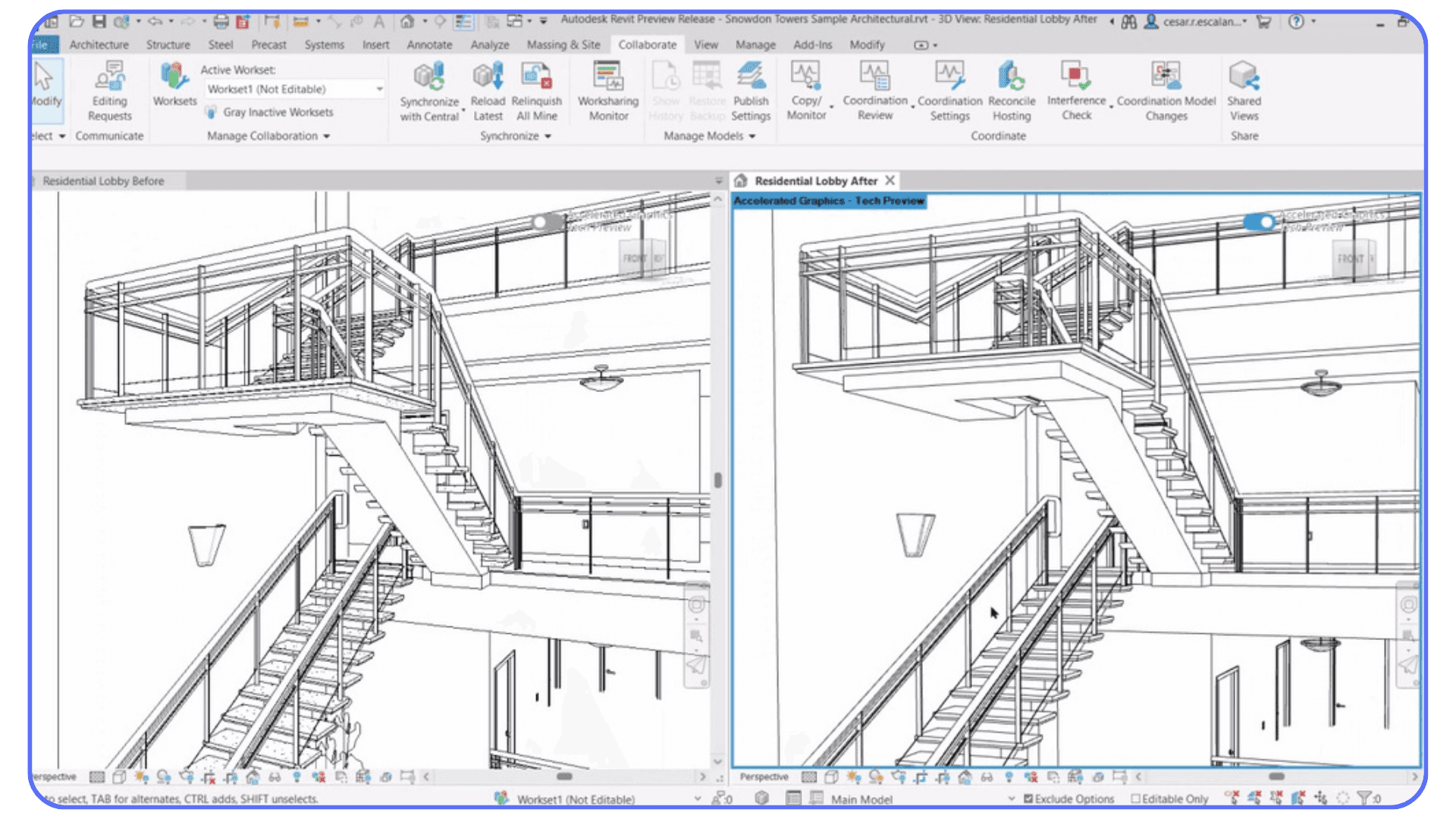 Side-by-side Revit views showing performance difference with accelerated graphics enabled
