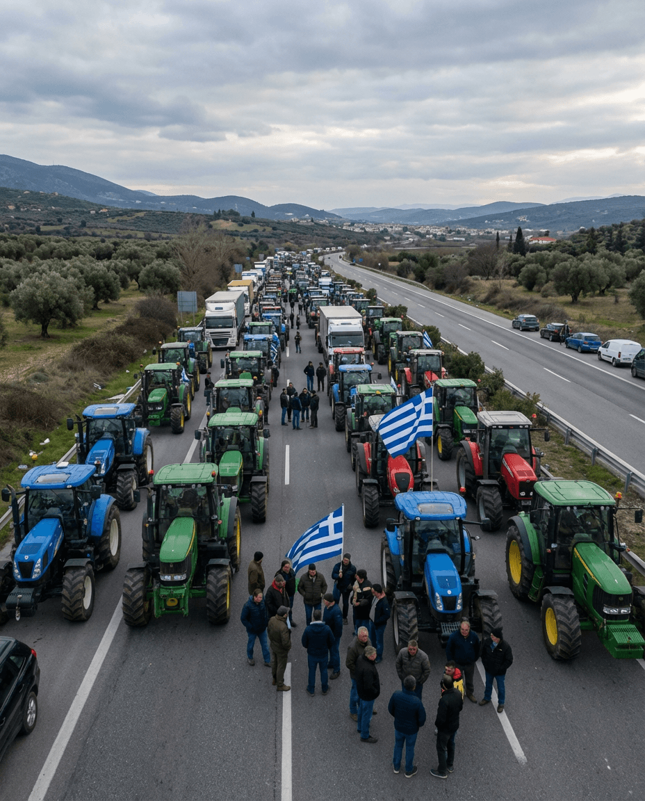 Greek farmers protesting with tractors blocking a road