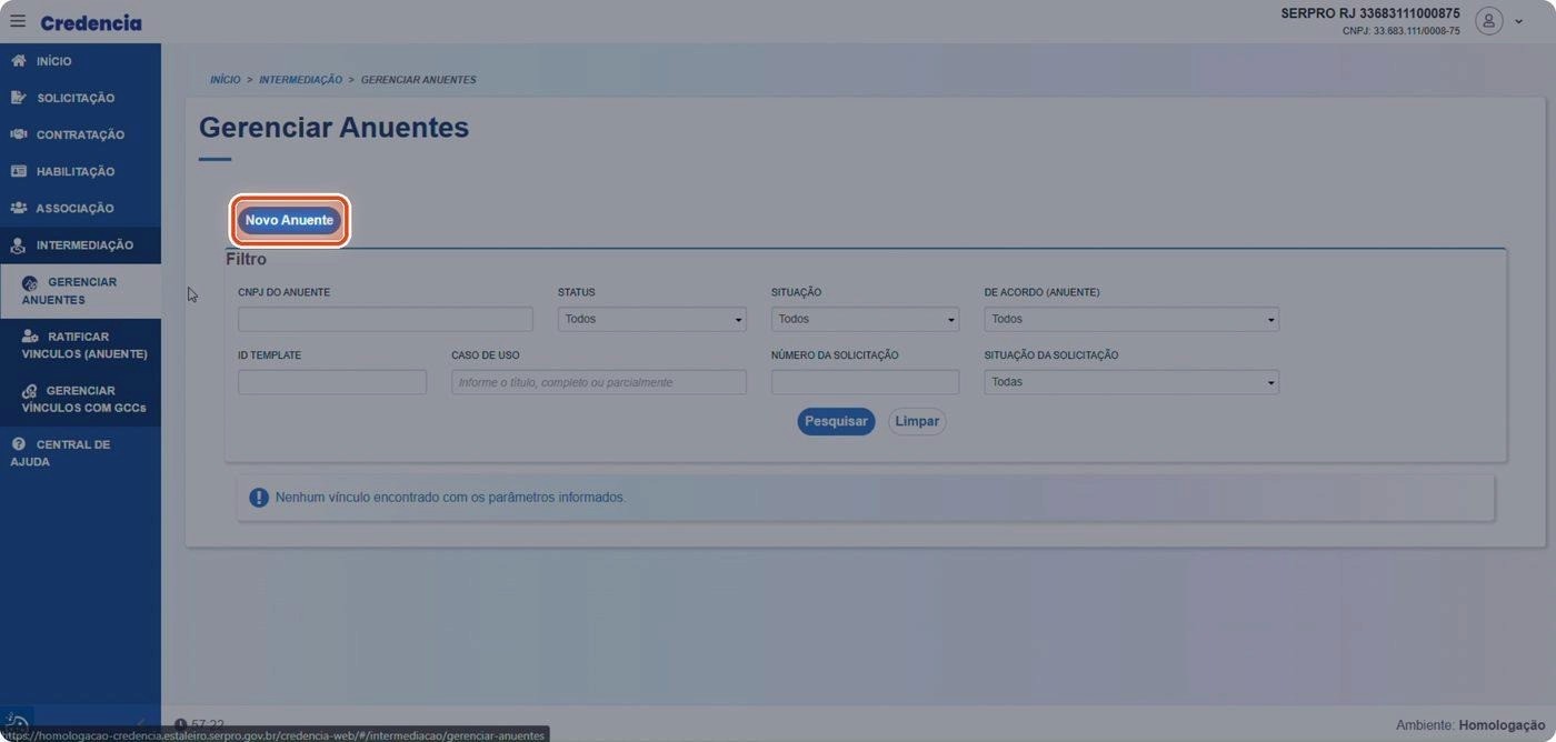 Captura de tela de referência do Credencia para Passo 3 — Criar um novo anuente. Contexto: 26 — Gerenciar Anuentes.