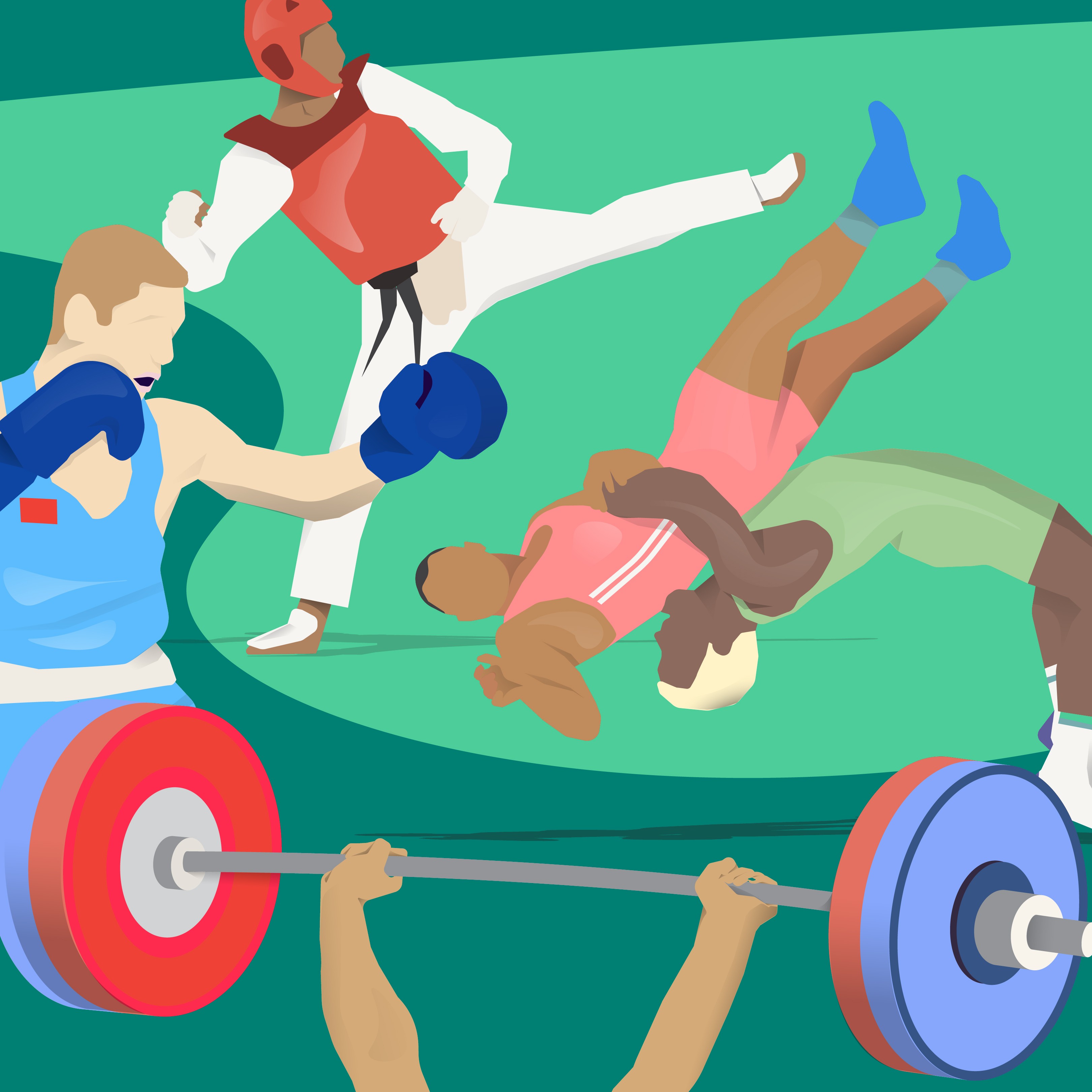 Colorful vector artwork of various athletes boxing, breakdancing, wrestling, and lifting weights, created for the 2024 Summer Olympics.