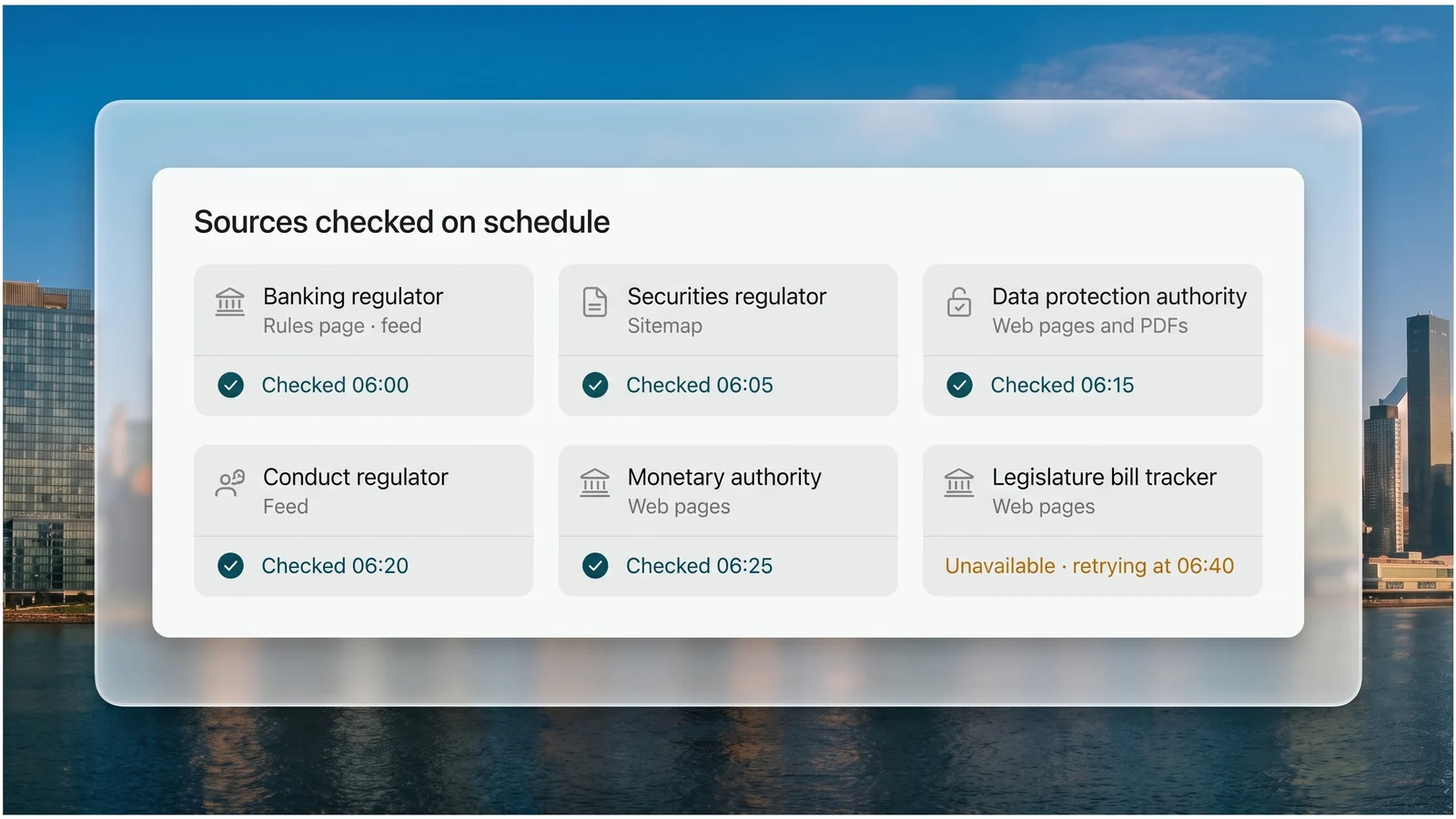Six regulator sources, with and without feeds, each checked on its own schedule, one unavailable and being retried
