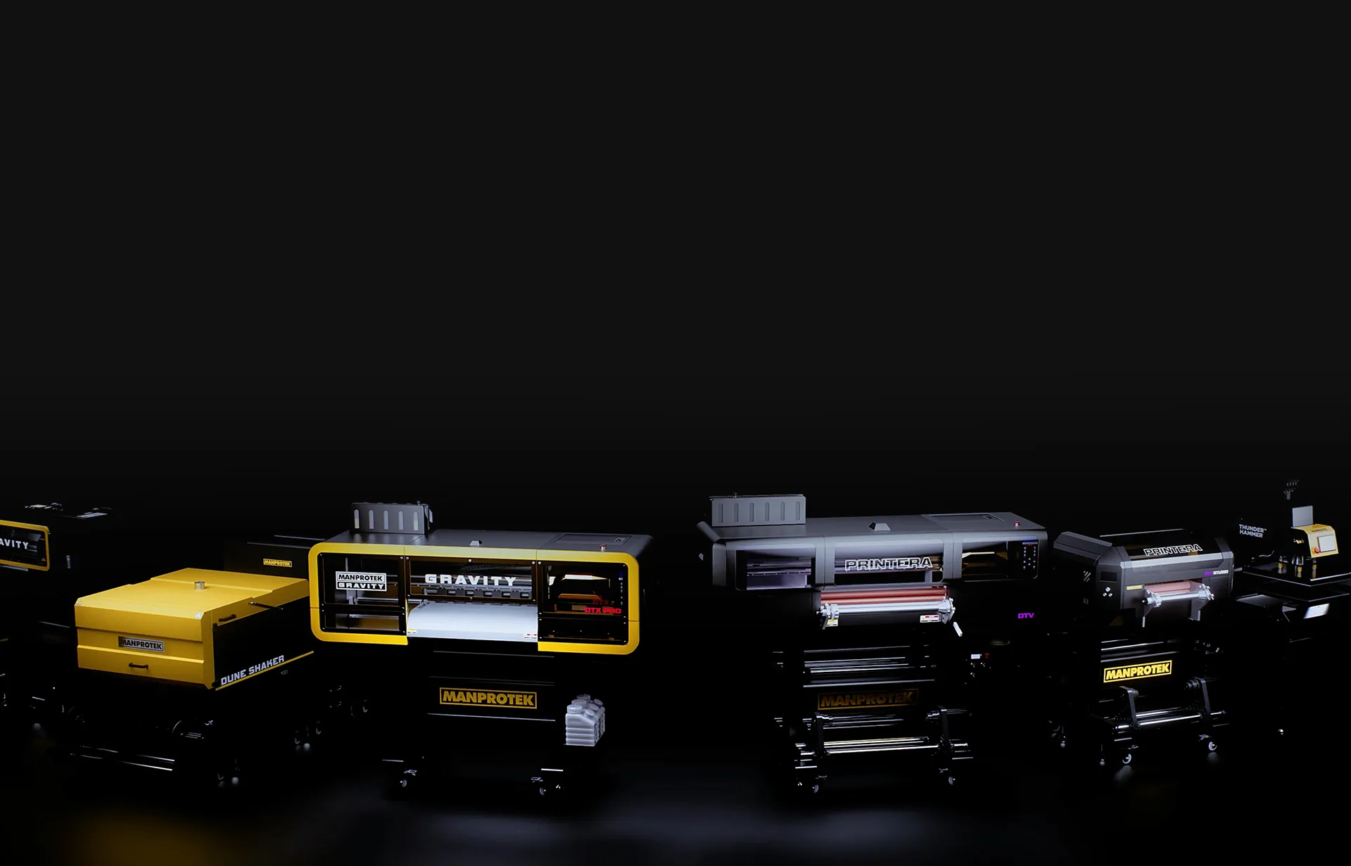 A comprehensive lineup of Manprotek DTF printers and equipment, including Gravity Pro and Dune Shaker, showcasing the brand's expertise in precision machine diagnostics and industry-leading troubleshooting support.
