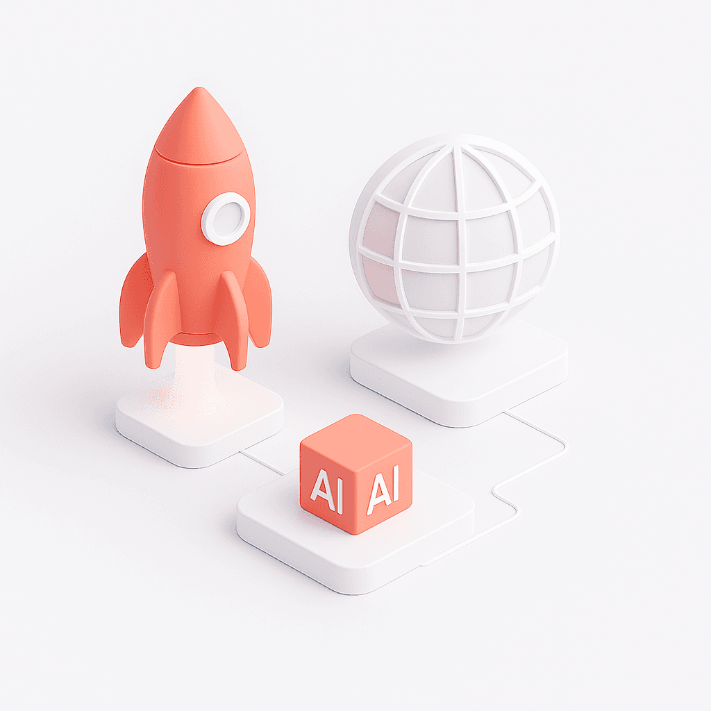 3D illustration of coral rocket, globe, and AI cube representing continuous growth and global marketing expansion.