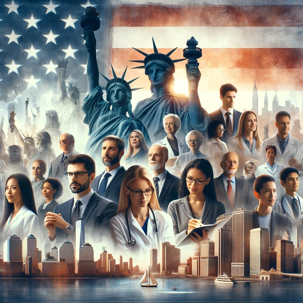 Diverse group of professionals, including scientists, artists, and business executives, with the Statue of Liberty silhouette in the background, representing the opportunity for extraordinary individuals through the EB-1 Visa.