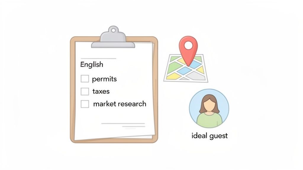 A checklist for permits, taxes, and market research, a map, and an ideal guest icon.