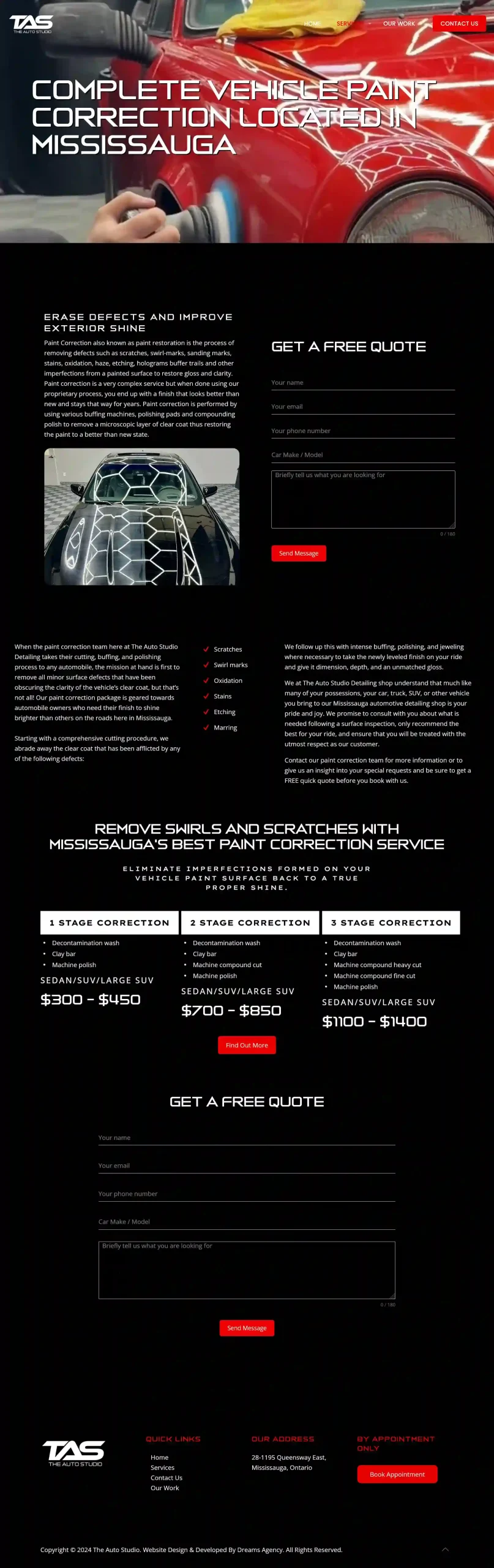 Paint Correction page for theautostudio website developed & designed by Dreams Agency Mississauga, Ontario