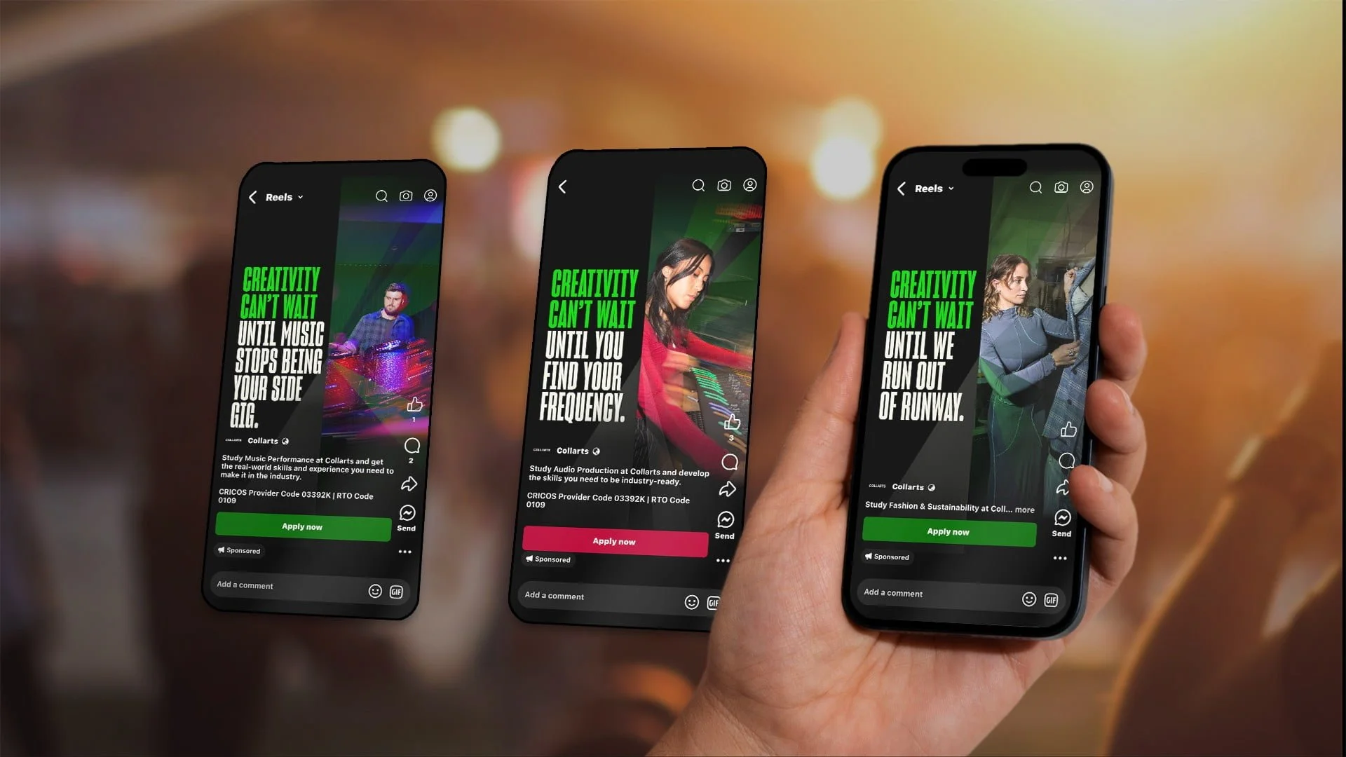 Three phones showing Collarts 'Creativity can't wait' Reels ads for music, audio production and fashion courses