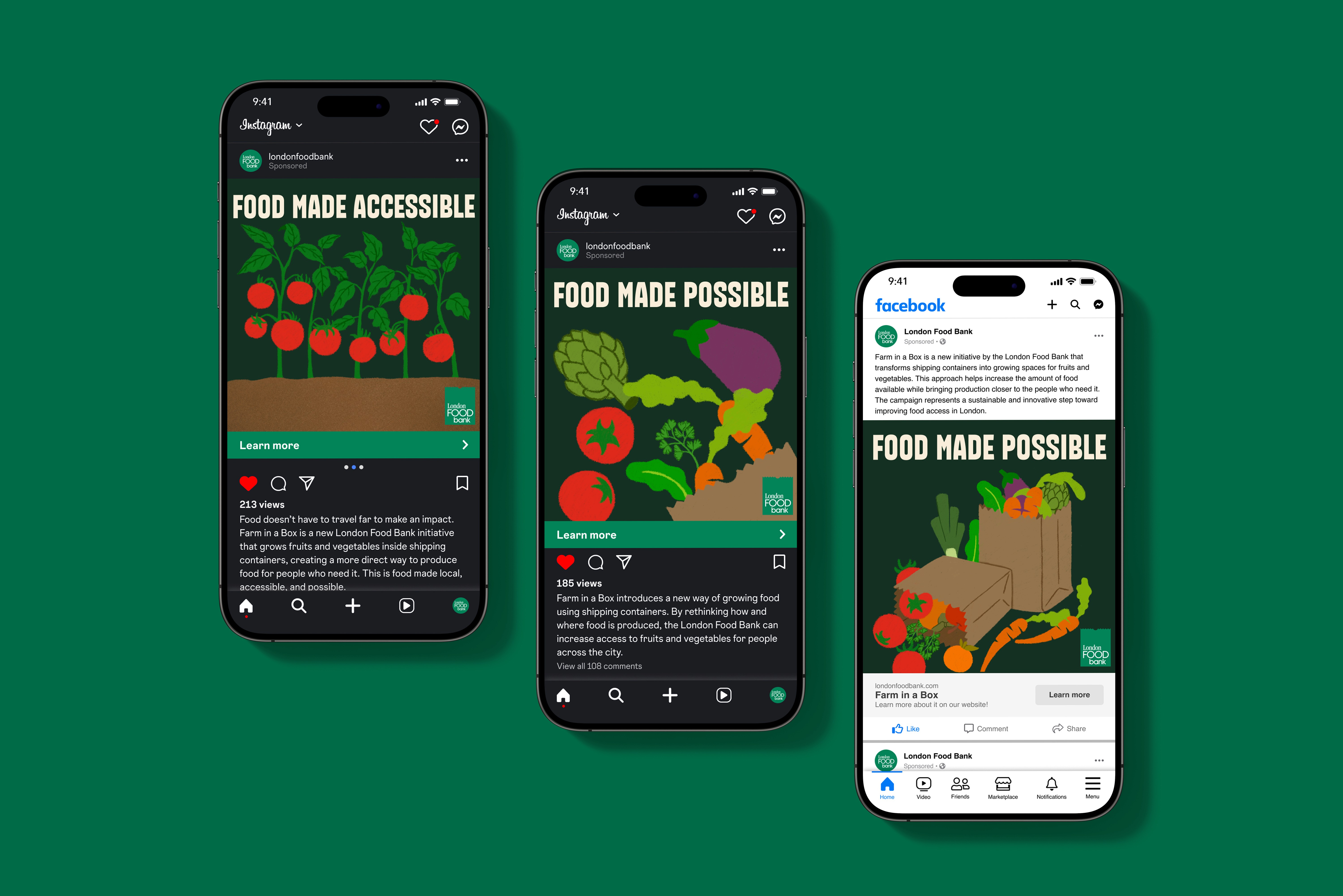 Mockup of 3 iphones showcasing the 3 social media cmapaign designs done for London Food Bank's new campaign.