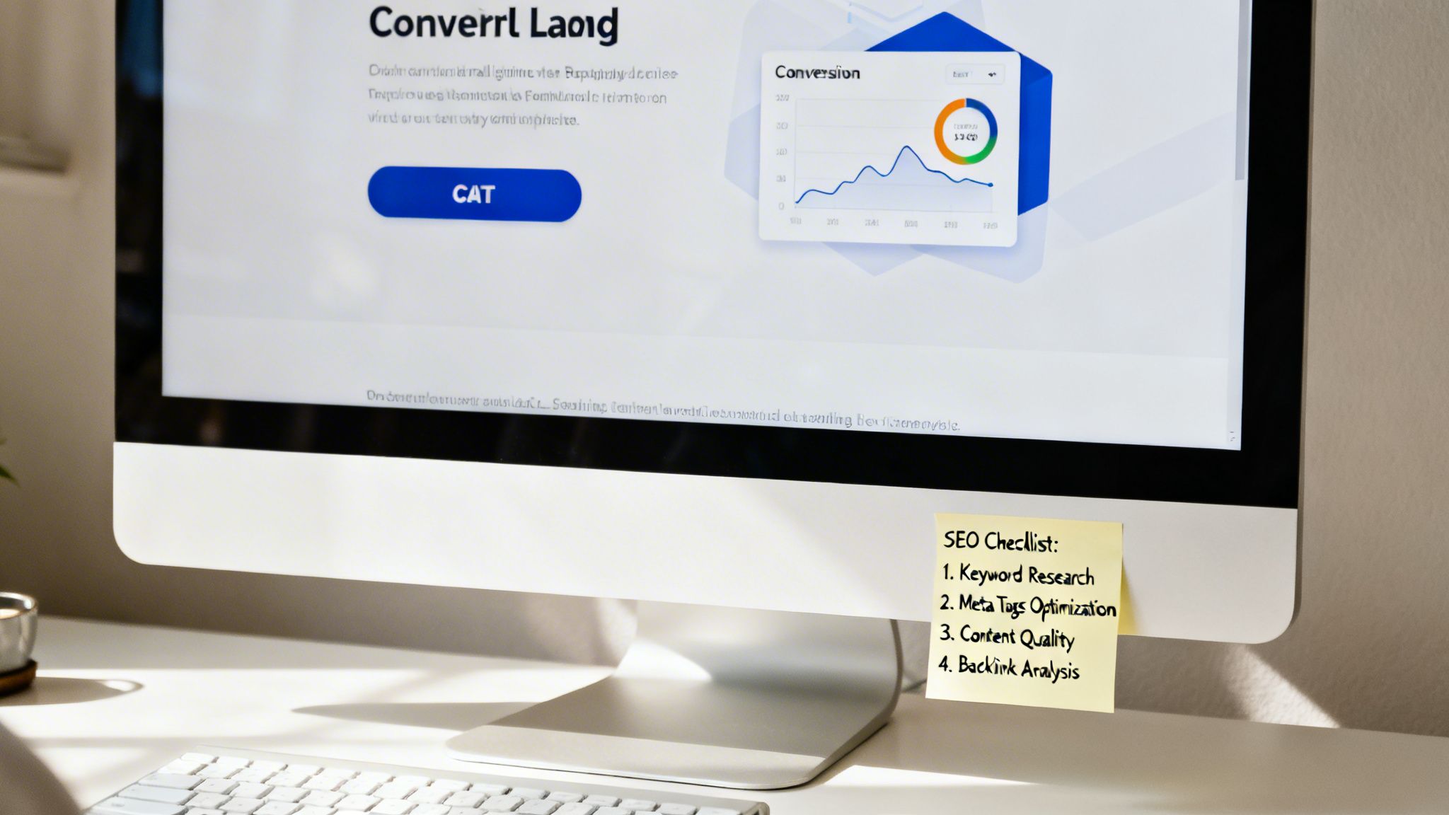 A computer screen showing a website with conversion analytics, a keyboard, and an SEO checklist sticky note.