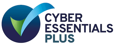 Cyber Essentials Plus logo with a blue circular icon and green tick, alongside the text “Cyber Essentials Plus”.