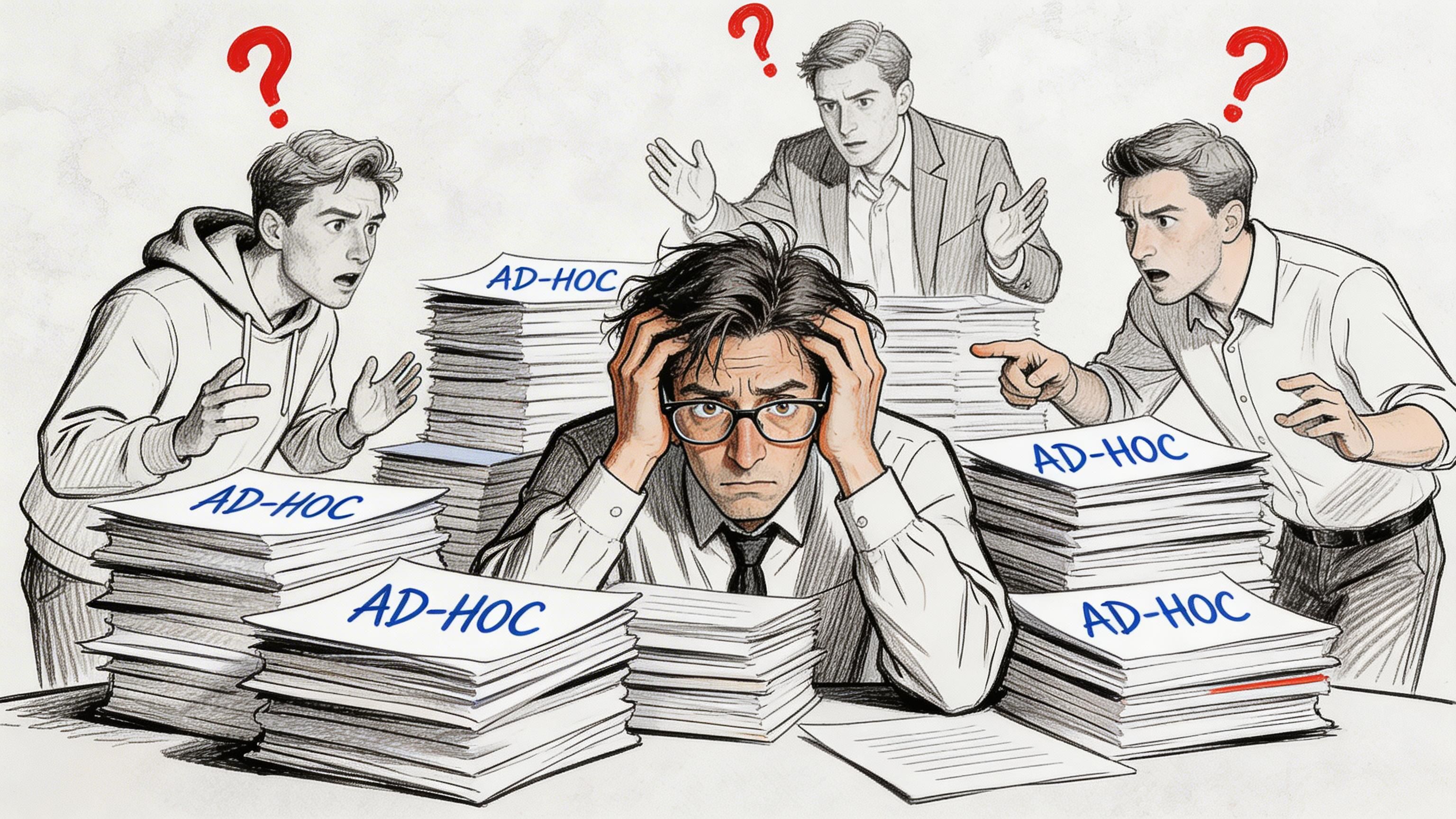 A stressed office worker surrounded by large stacks of ad-hoc paperwork while being questioned by colleagues.