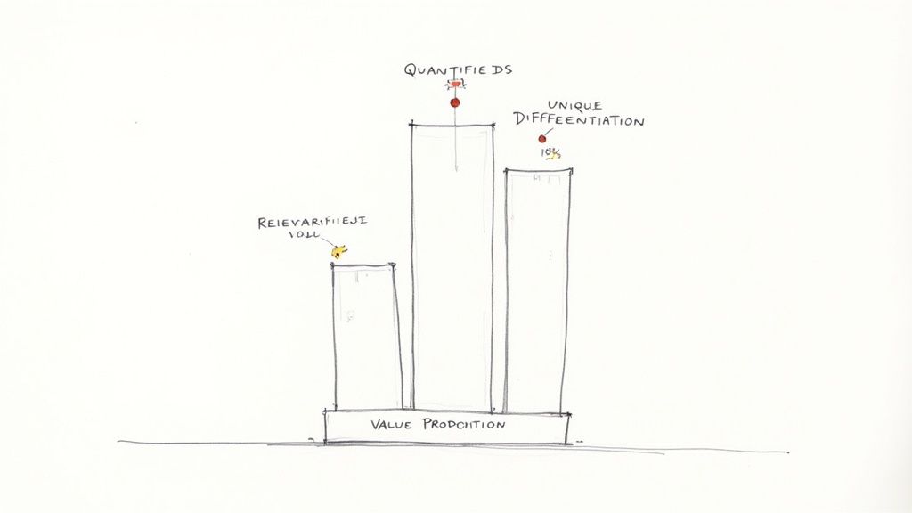 A hand-drawn bar chart illustrating Value Proposition supporting bars for Relevance, Quantified, and Unique Differentiation.