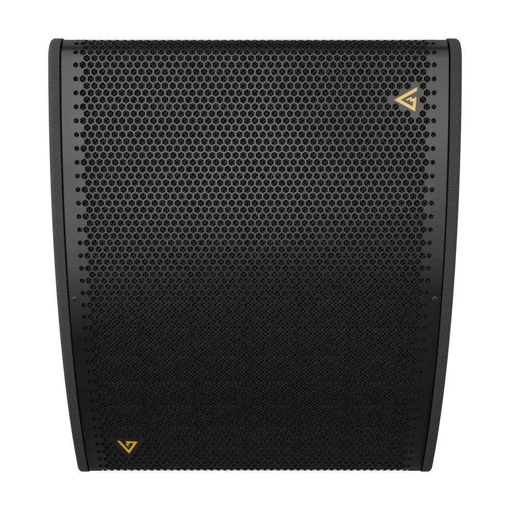 Black speaker with gold triangular logo