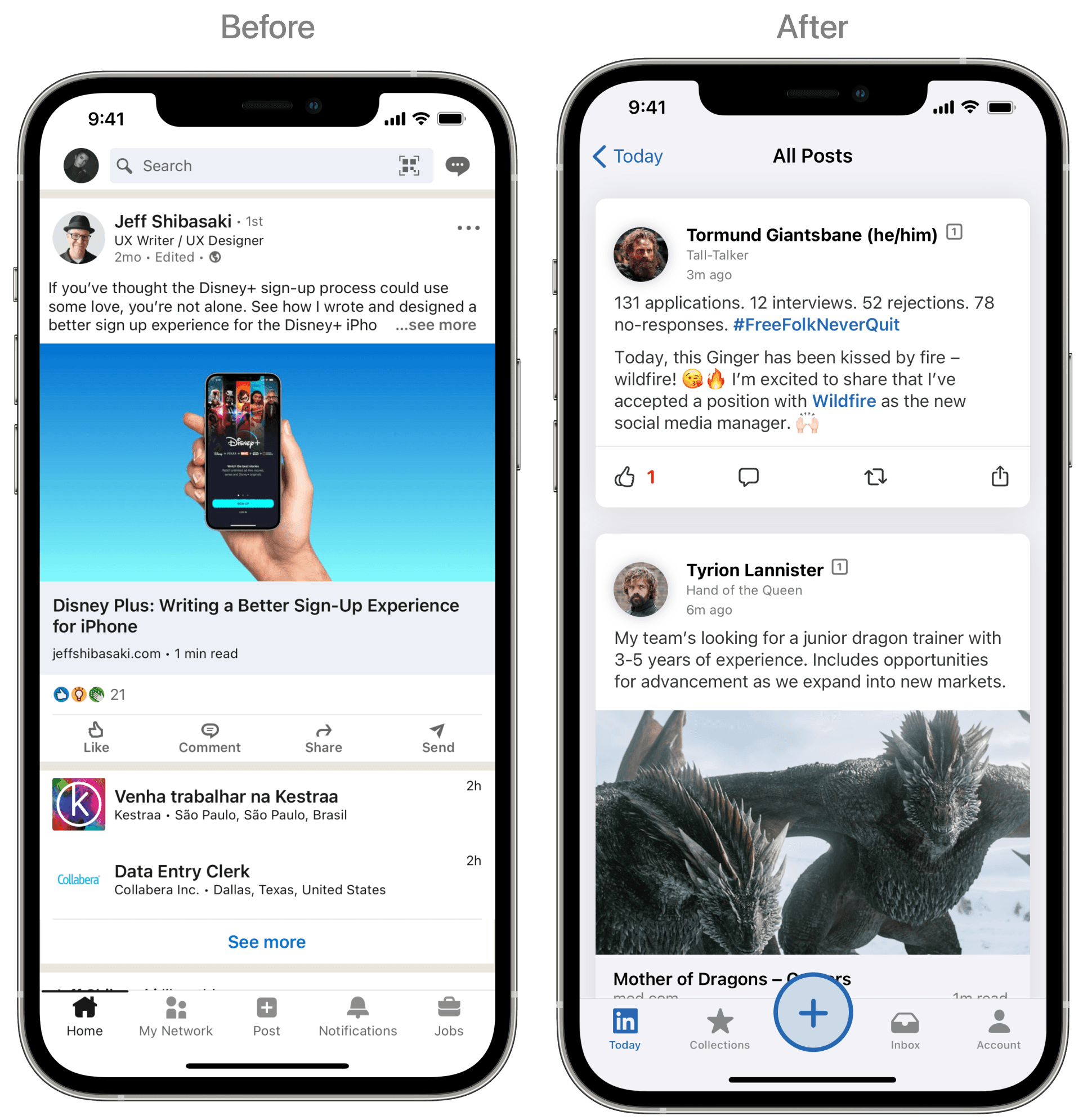 LinkedIn All Posts screen before and after the redesign